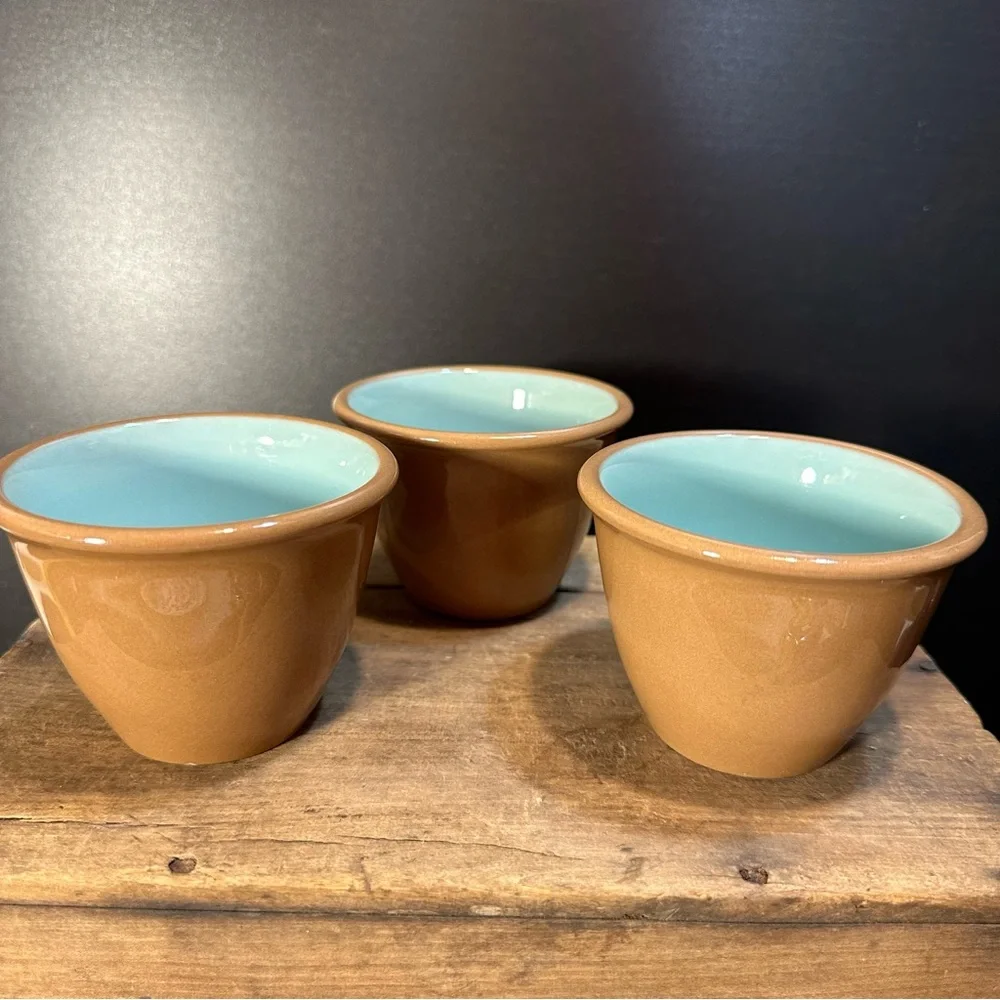 TS & T Chateau Buffet Cinnamon and Sky Blue Custard Cups- THREE Vintage Cups